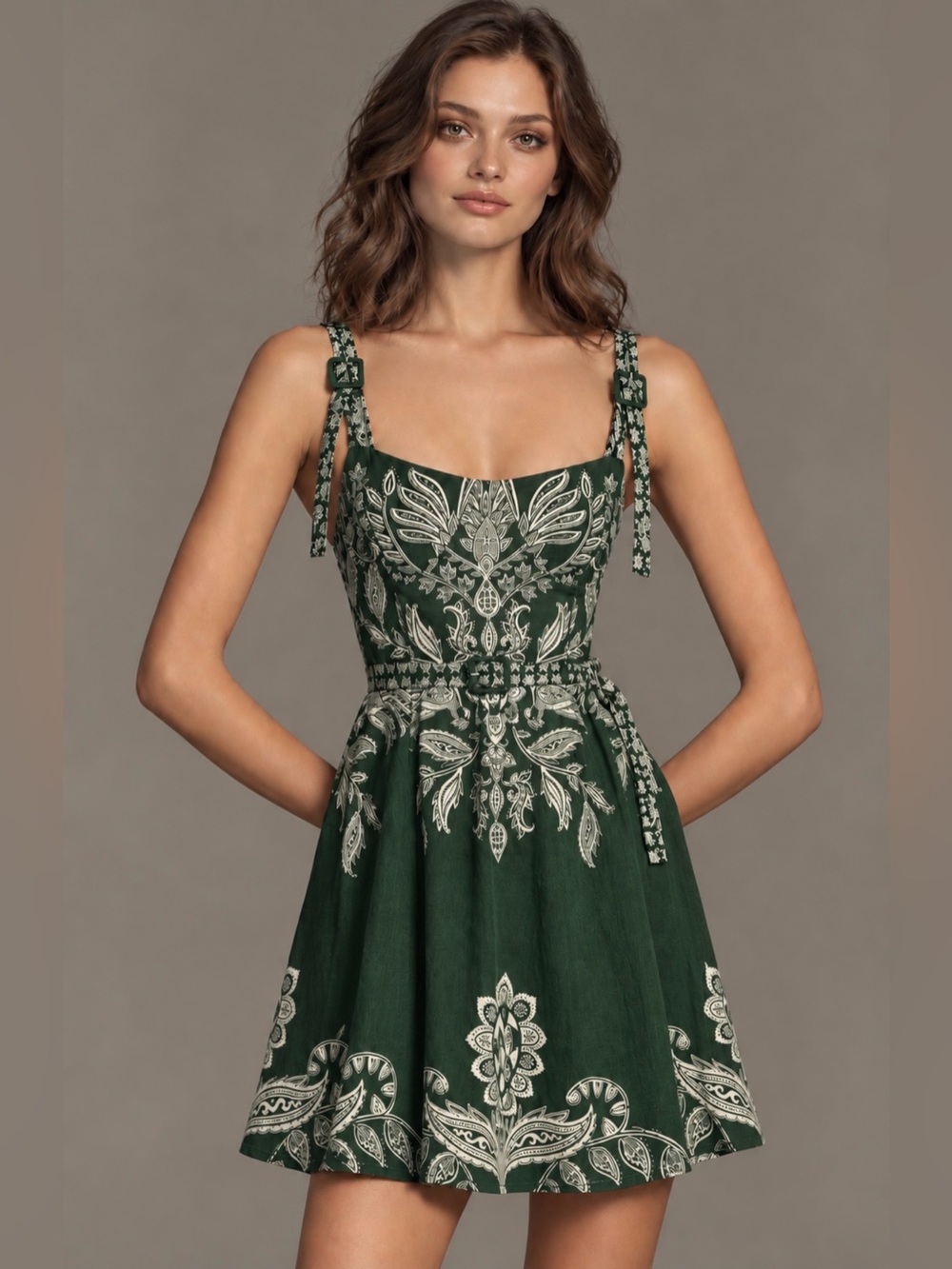 FARM Rio Green Paisley Belted Mini Dress Size M